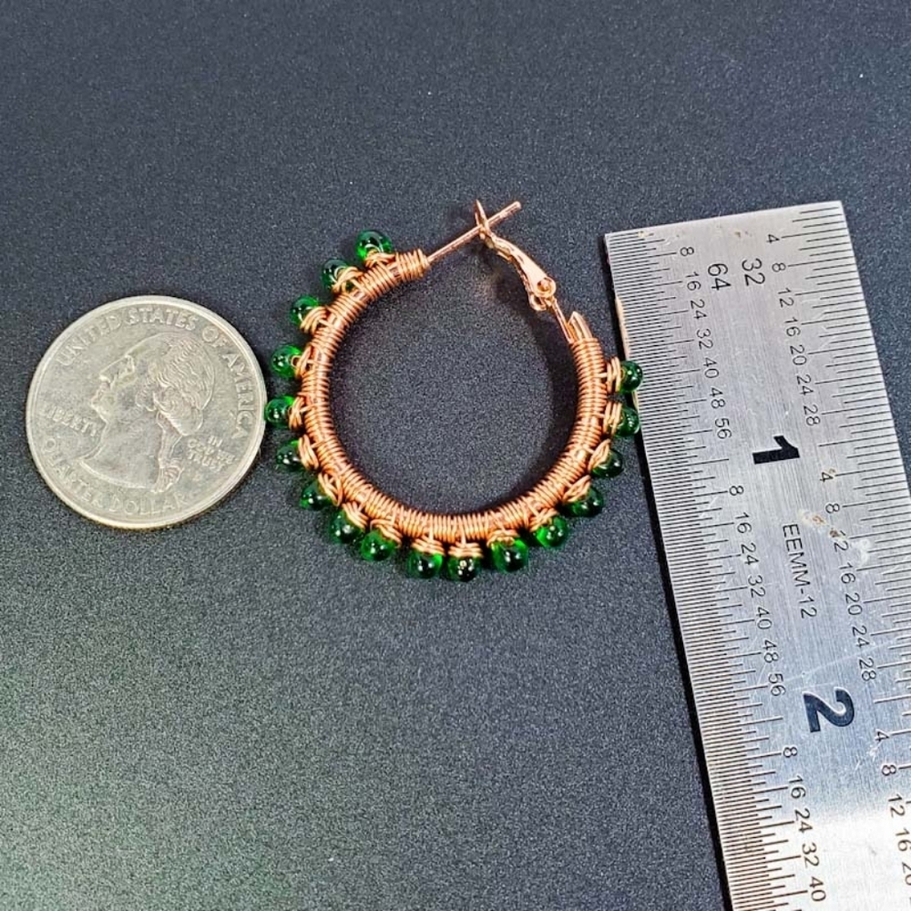 Artisan Green & Copper Wire Wrapped Hoop Earrings - Picture 5 of 7